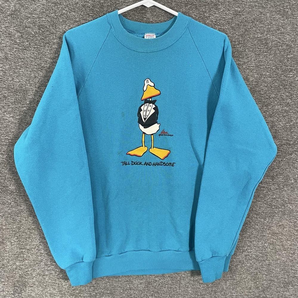 Vintage Jerzees Sweatshirt Mens XL Blue Tall Duck And Handsome Graphic 80s USA